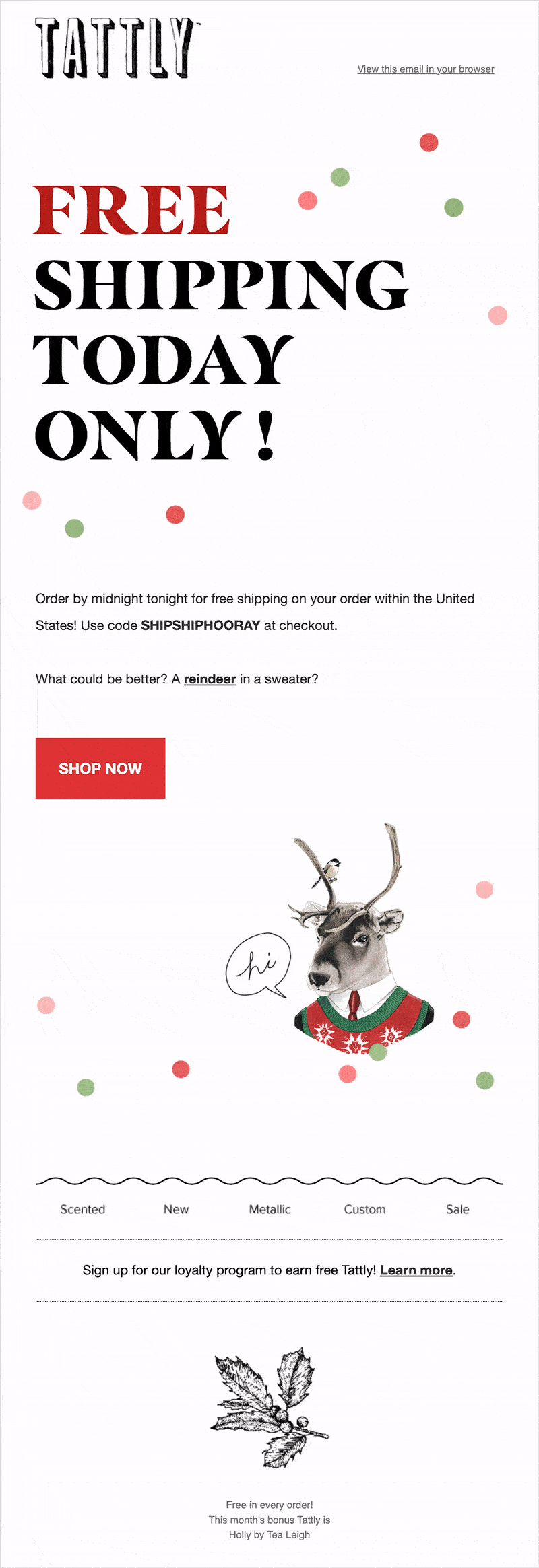 Tattly Christmas email campaign offering free shipping with flashing GIF