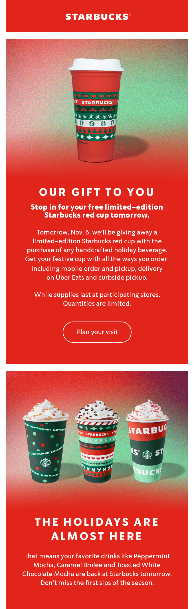 Email de navidad de Starbucks en rojo y verde con tazas navideñas