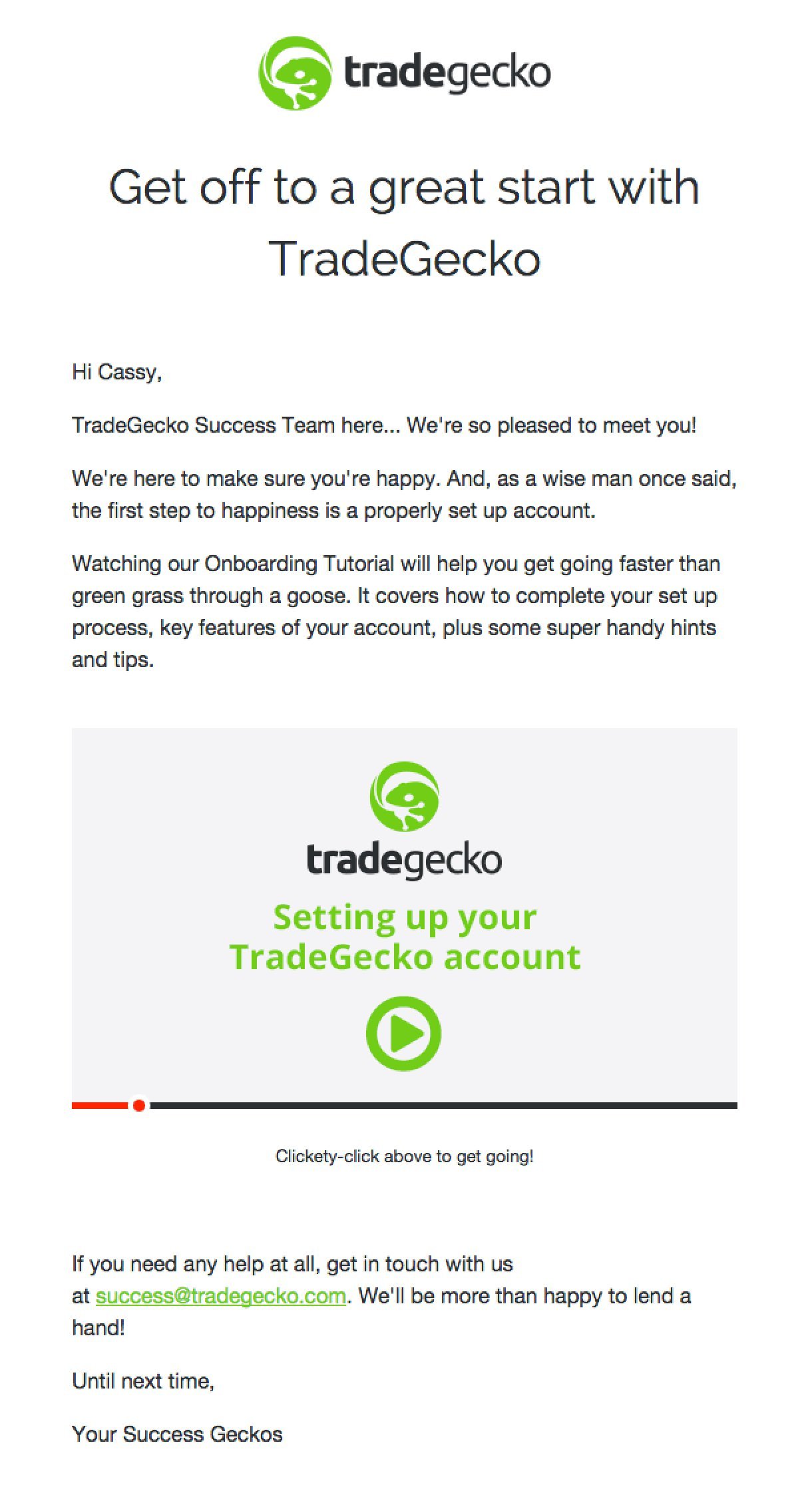 TradeGecko welcome email example bright green colours
