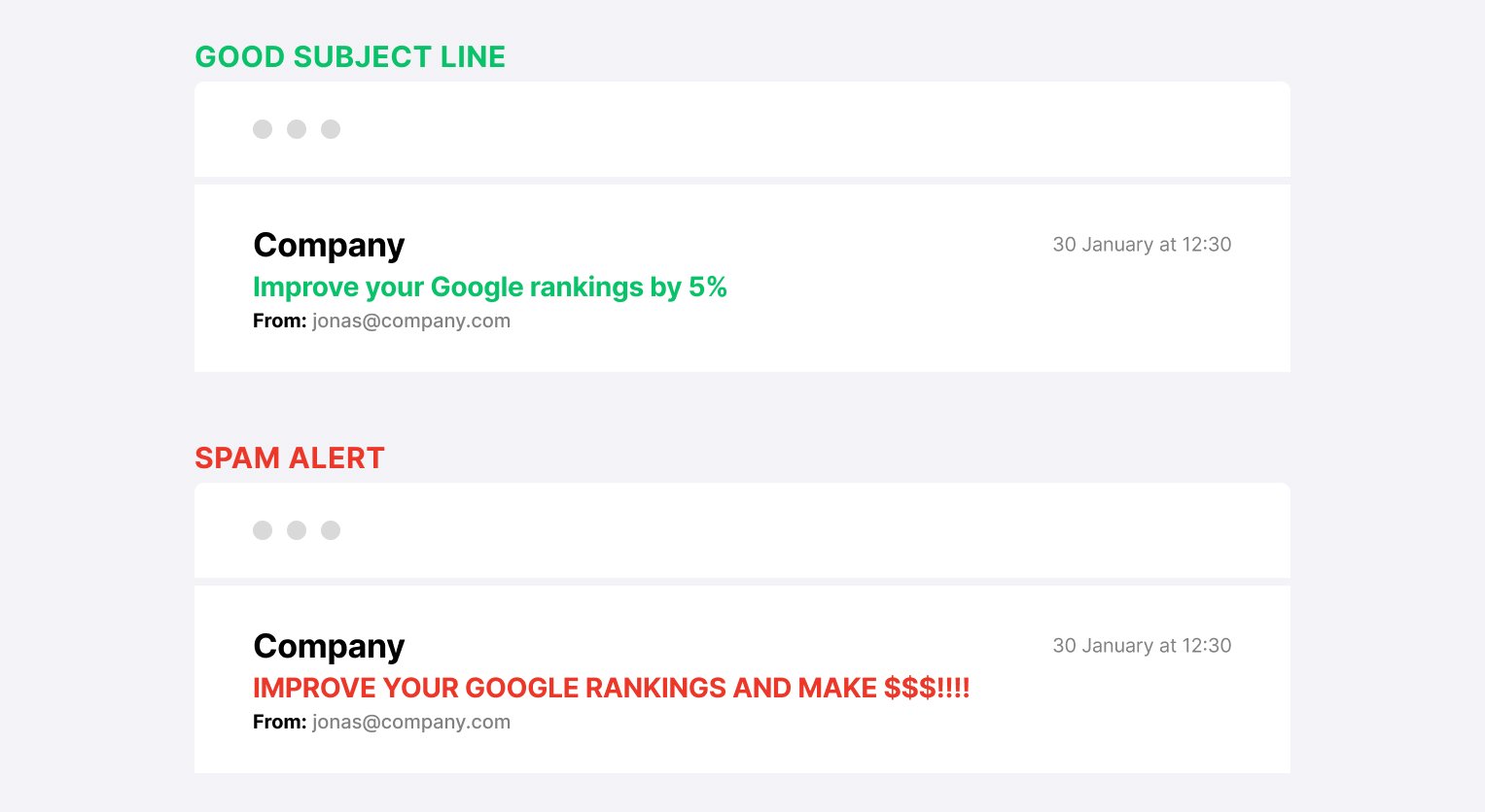 email subject line comparison between good and spammy - MailerLite