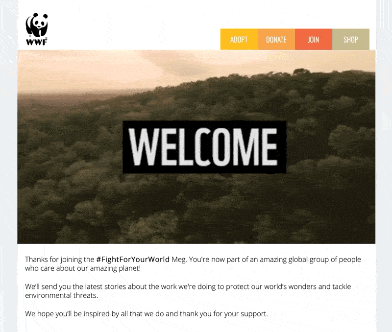 WWF nonprofit welcome email GIF example