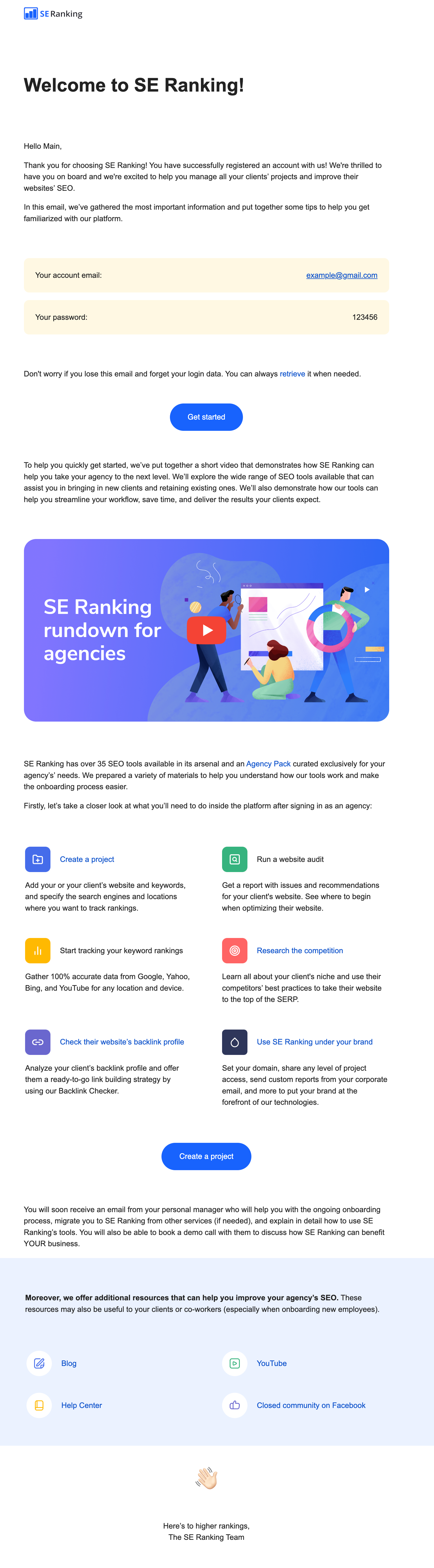 SE Ranking onboarding email