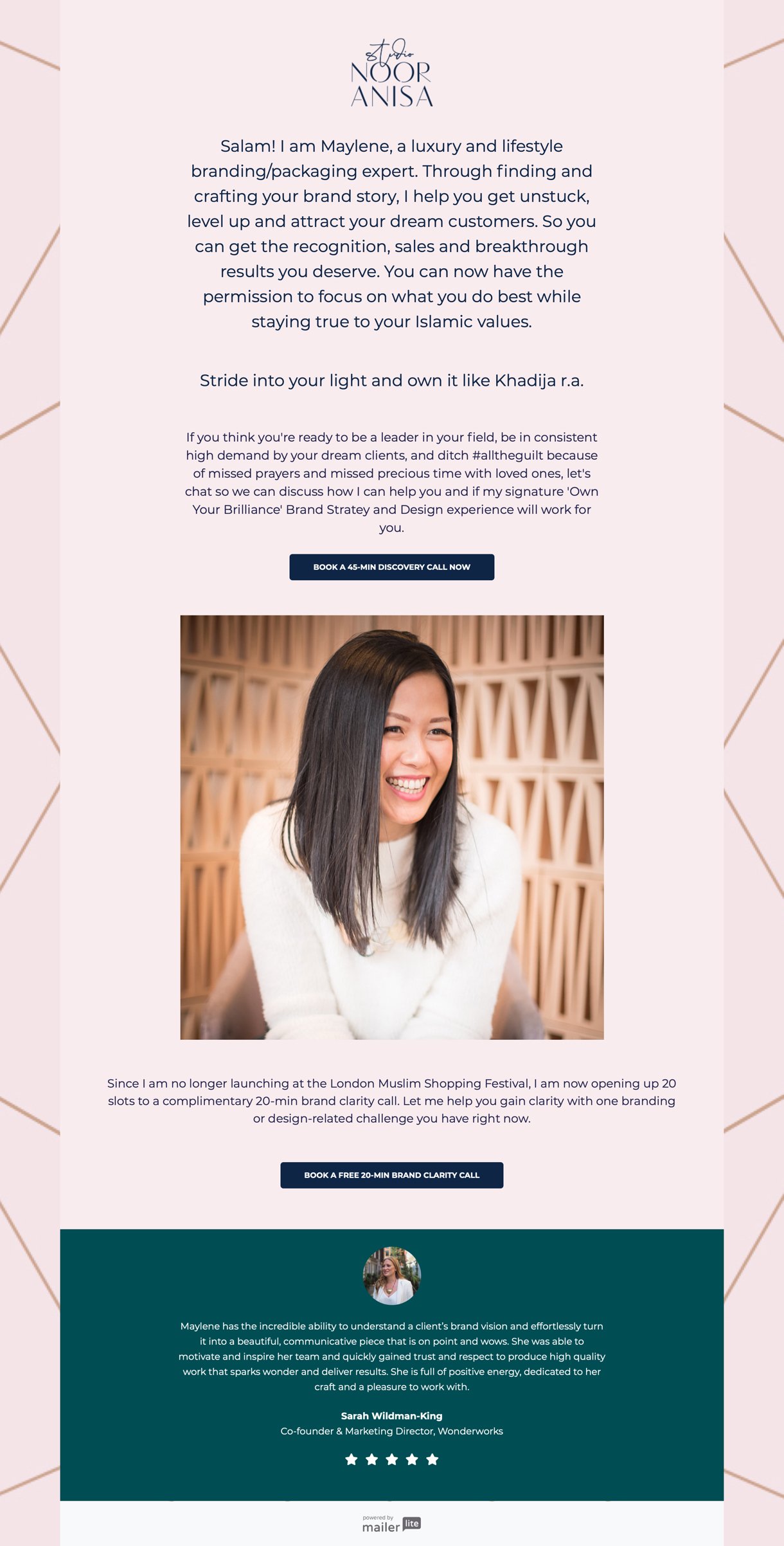 Studio Noor Anisa book discovery call landing page examples rose background