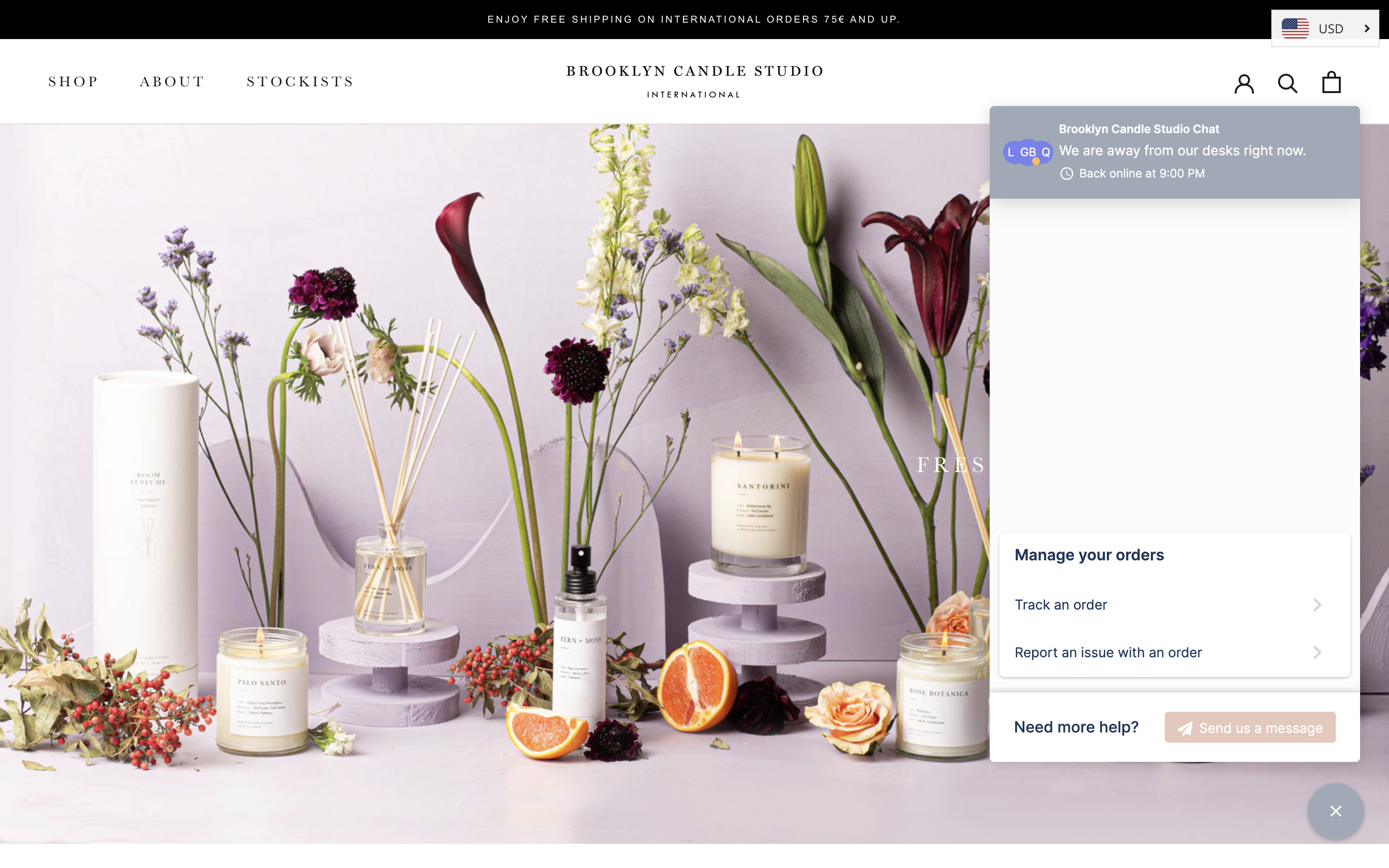 Example of live chat on the Brooklyn Candle Studio website