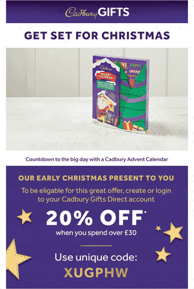 Cadbury christmas newsletter example with gif and 20% off code