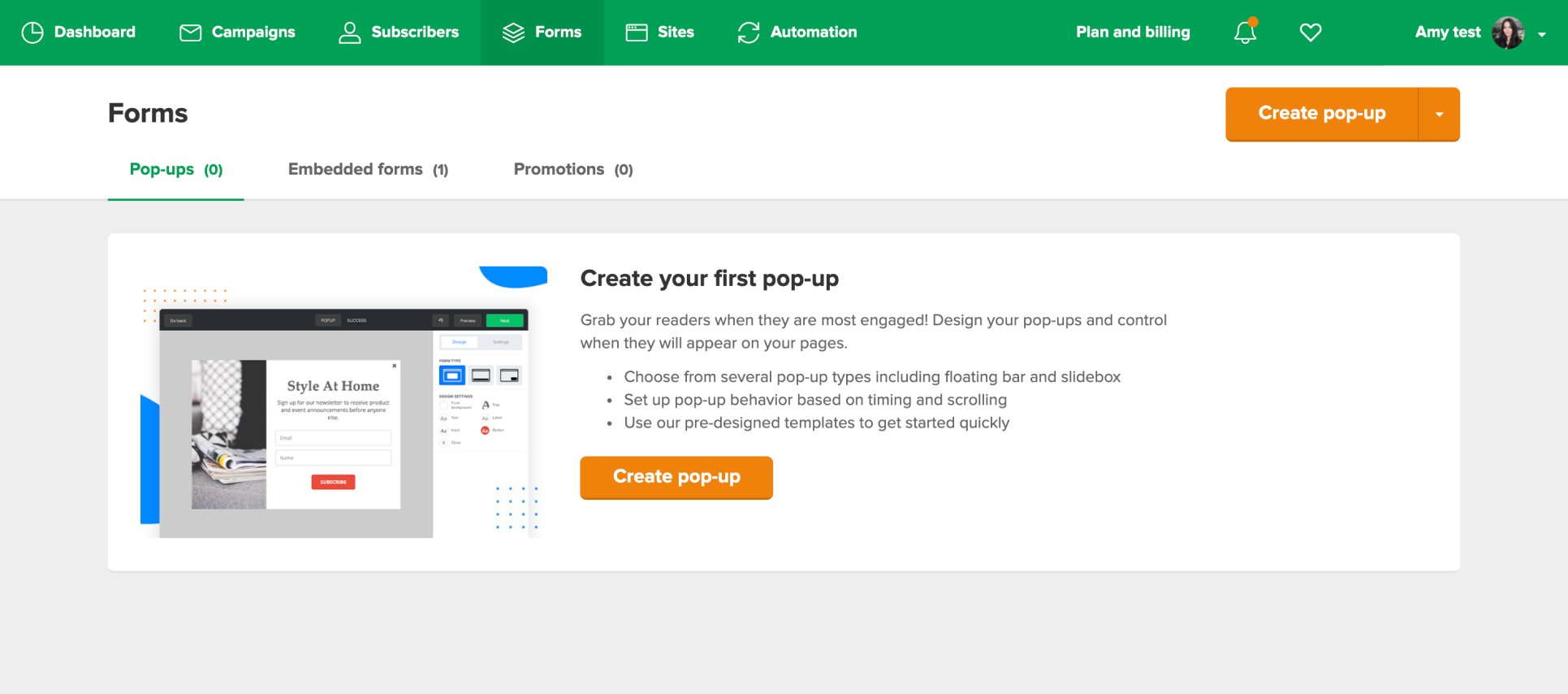 create your first pop-up screen in mailerlite