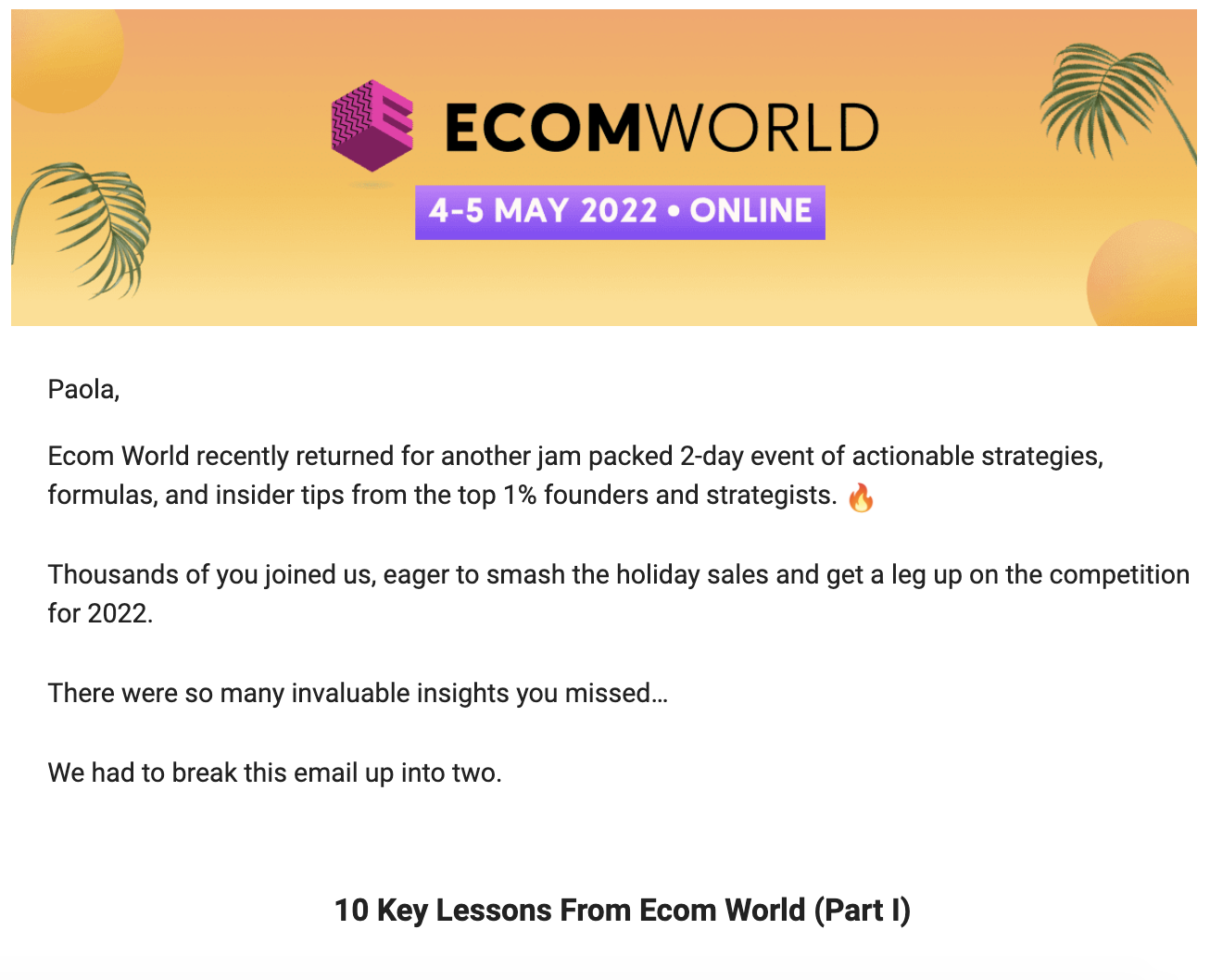 Post-event email example from Ecom World