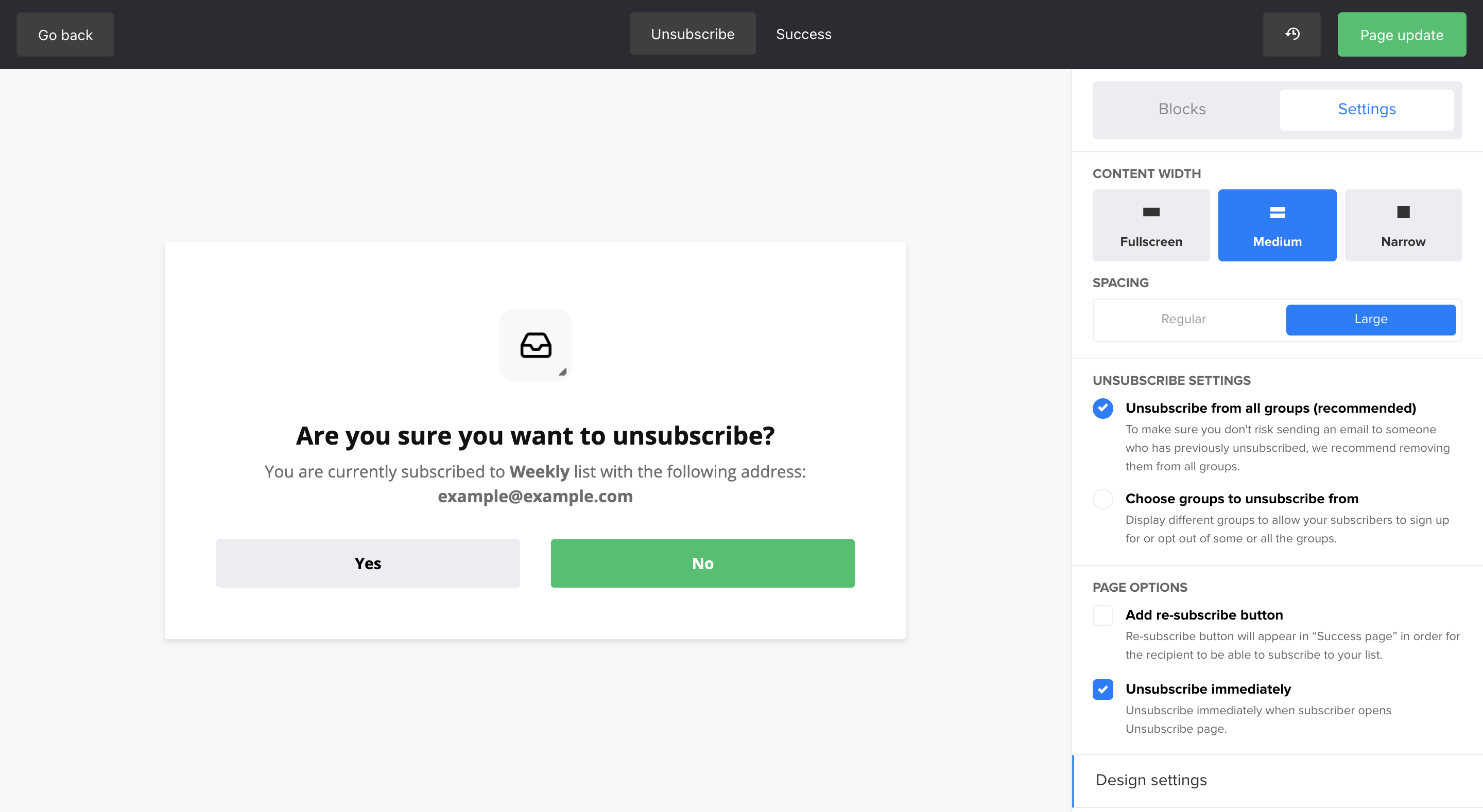 Overview of the MailerLite unsubscribe page builder