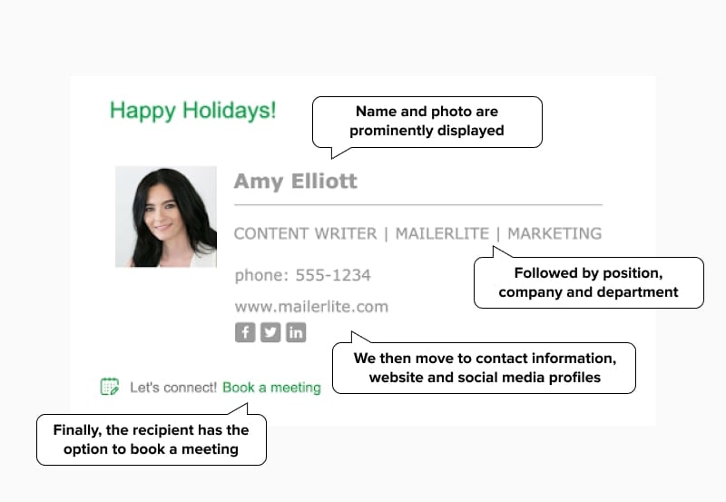 Professional email signature example with green and grey color scheme and headshot