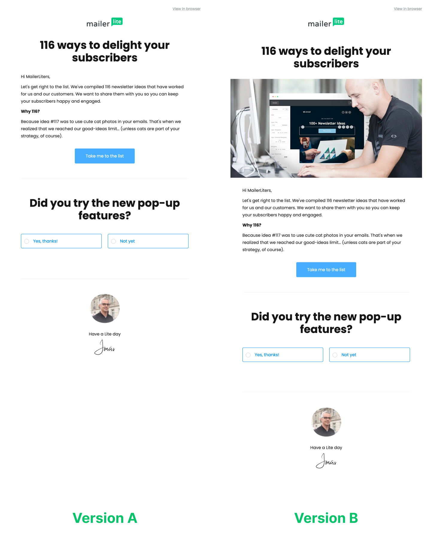 A side-by-side of two versions of the same emails used in an A/B test. One contains an image of a man and the other does not.