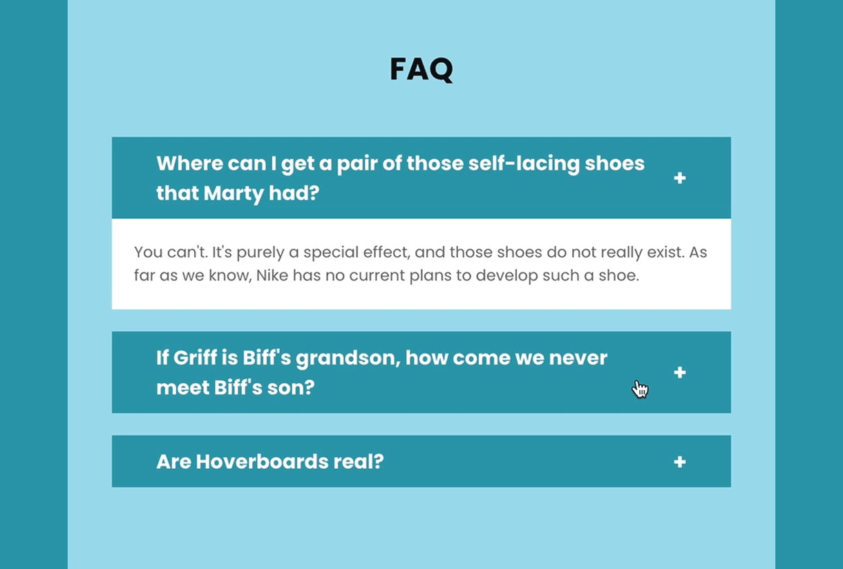 A GIF of an accordian block in MailerLite used as an FAQ, where readers can click to expand the accordian to see each answer