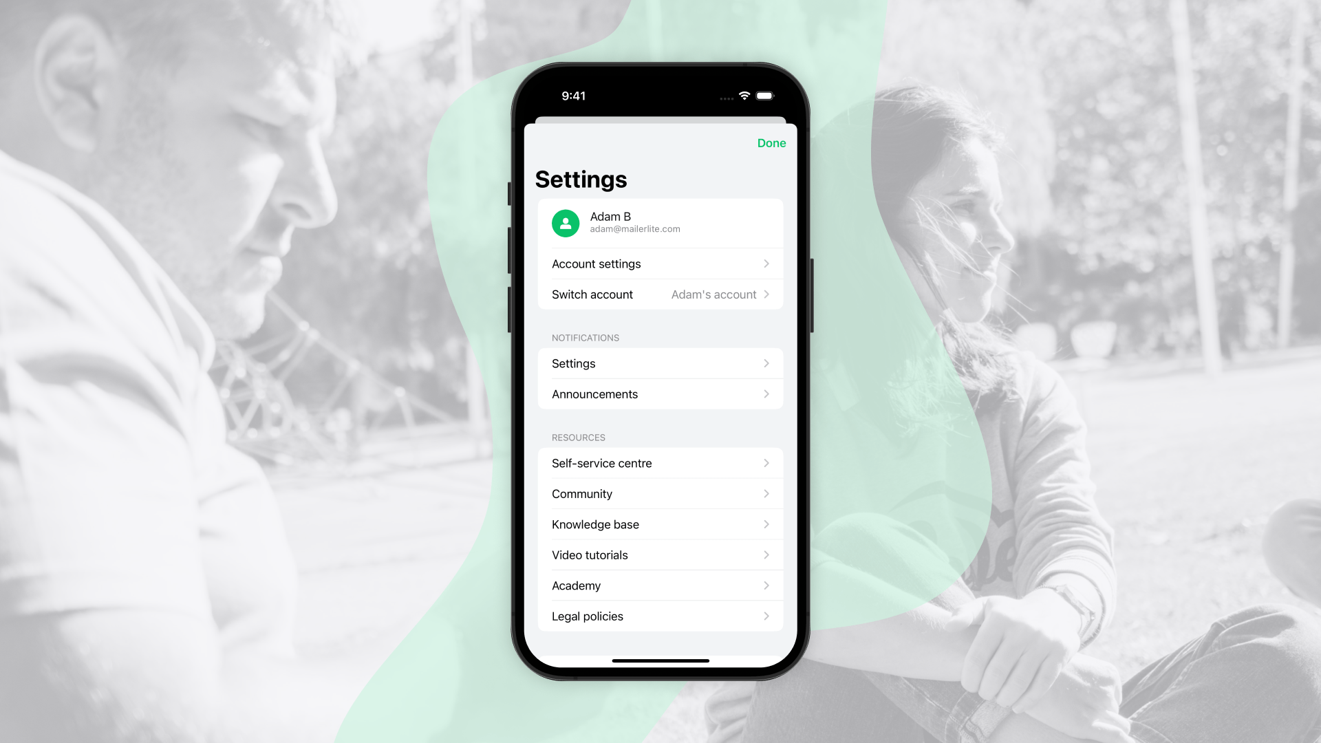 Screenshot of the Account Settings page in the MailerLite iOS app displaying account settings, notification settings and access to helpful resources.