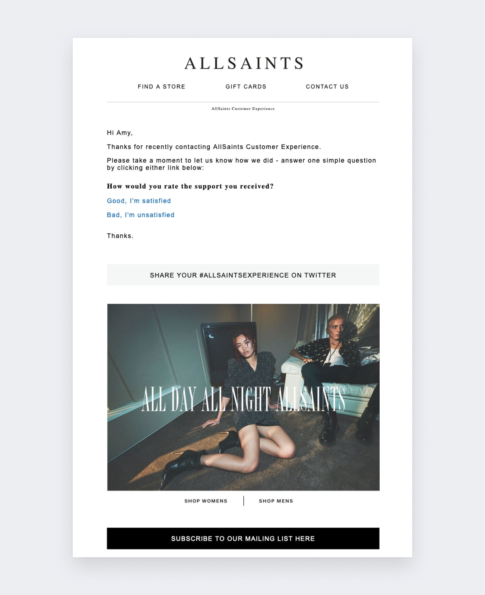 Review request example - Allsaints - share your thoughts on social media