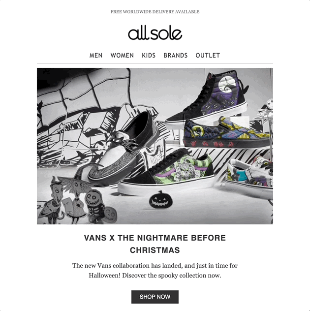 allsole halloween email promoting vans new nightmare before christmas collection