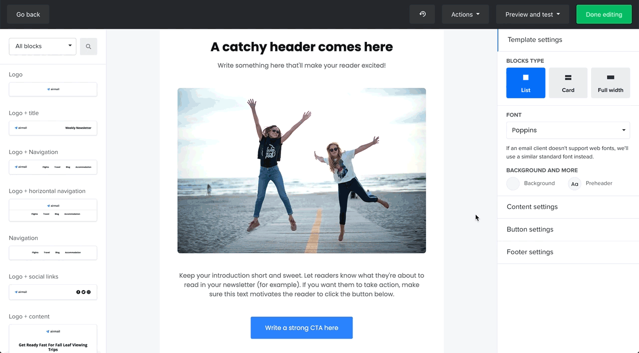 MailerLite builder with alt text drag and drop editor gif