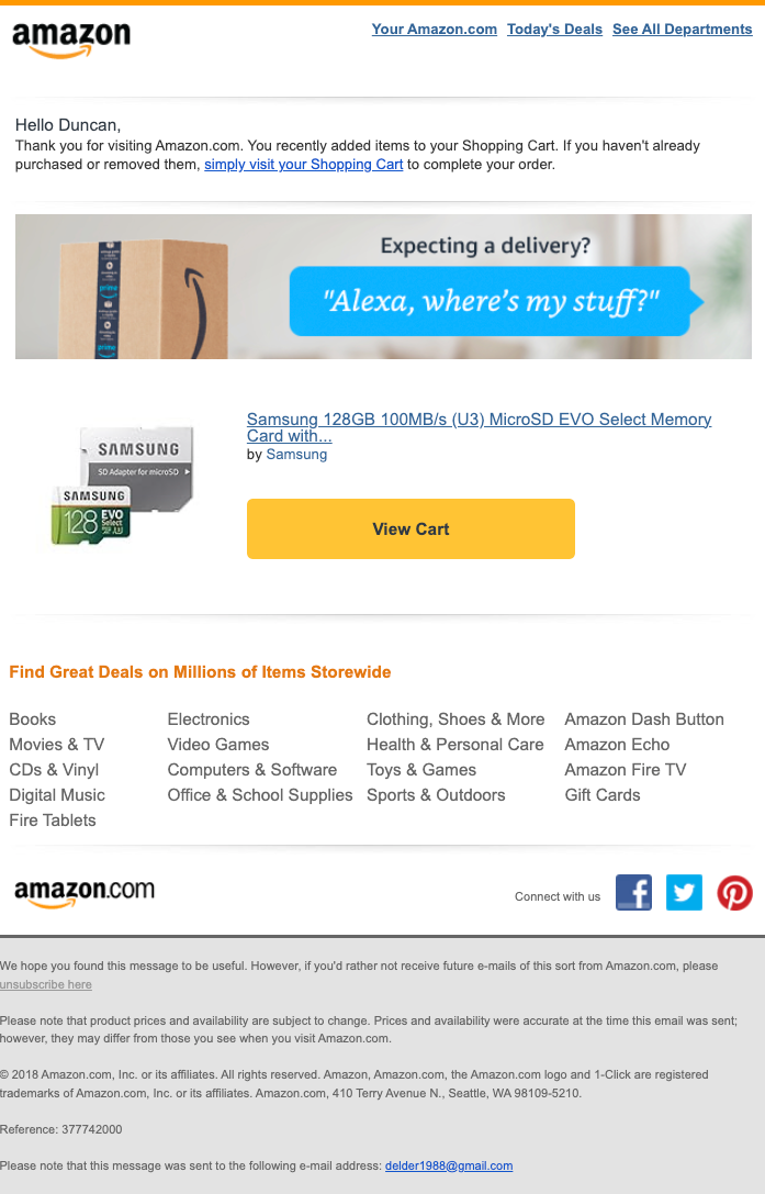 Amazon abandoned cart email example