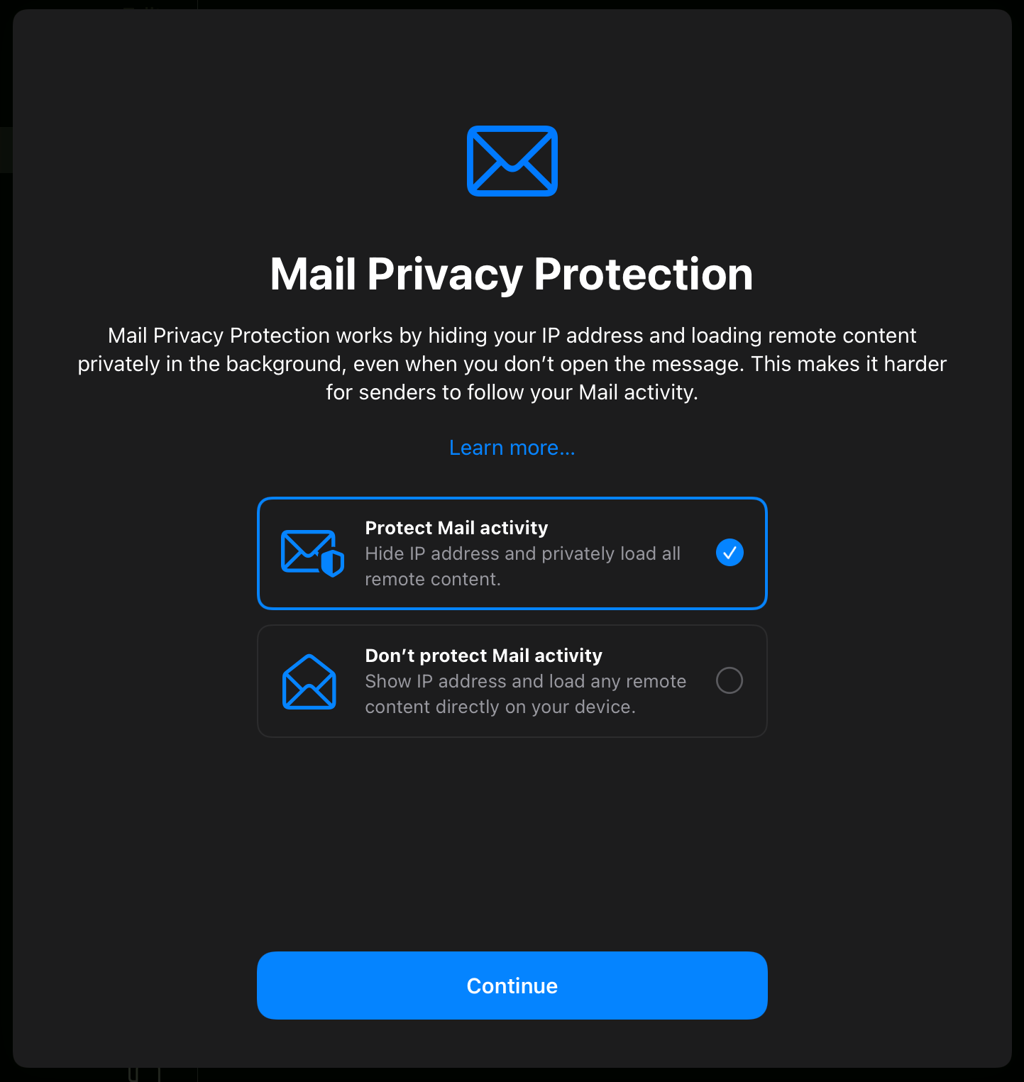 apple's mail privacy protection opt-in screen for iPad