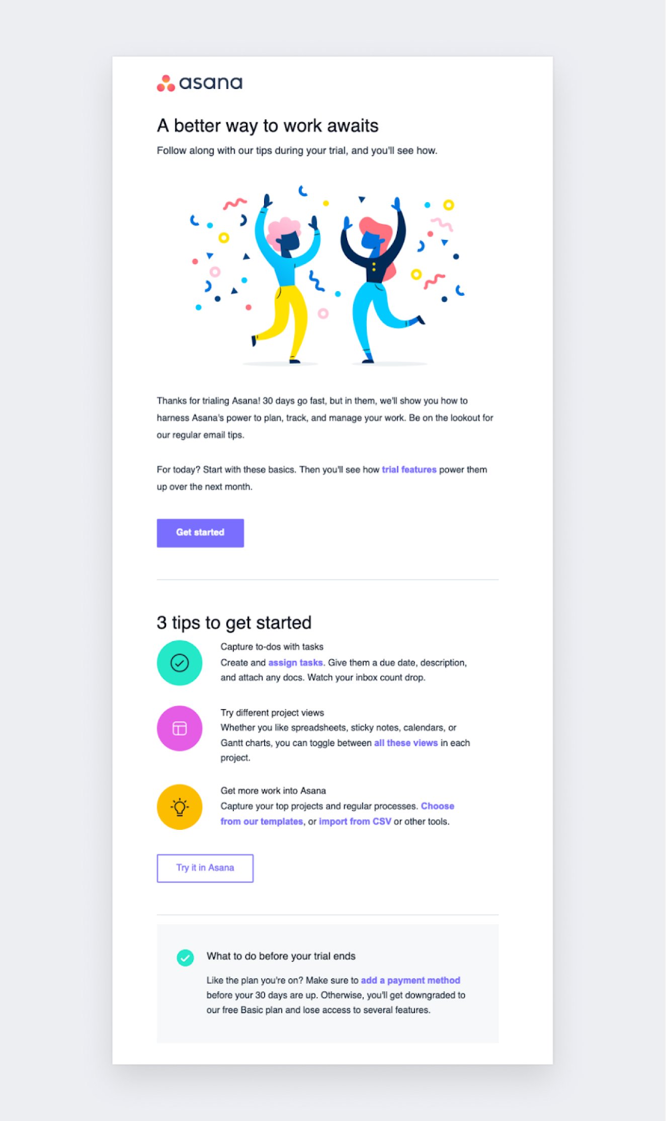 Welcome email example - Asana 3 tips to get started