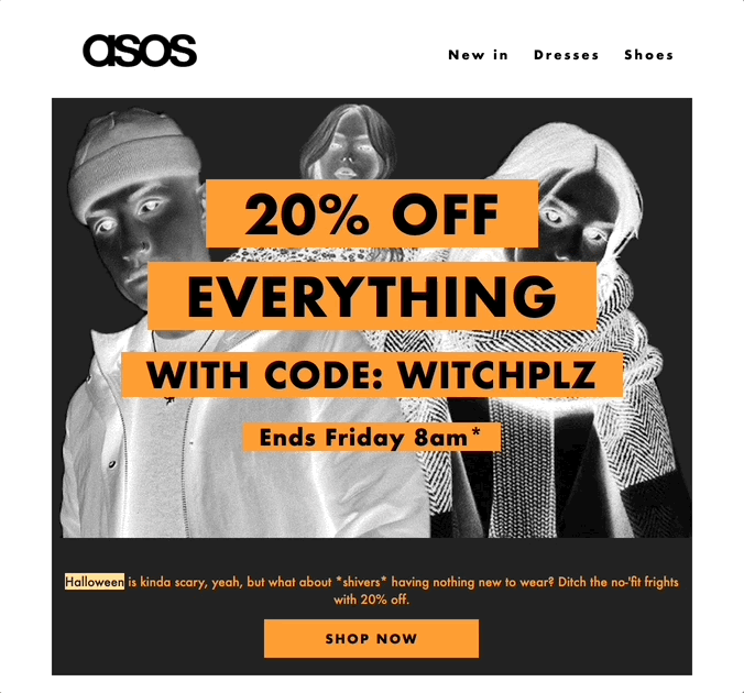 ASOS black and white animated Halloween email with 20% off code