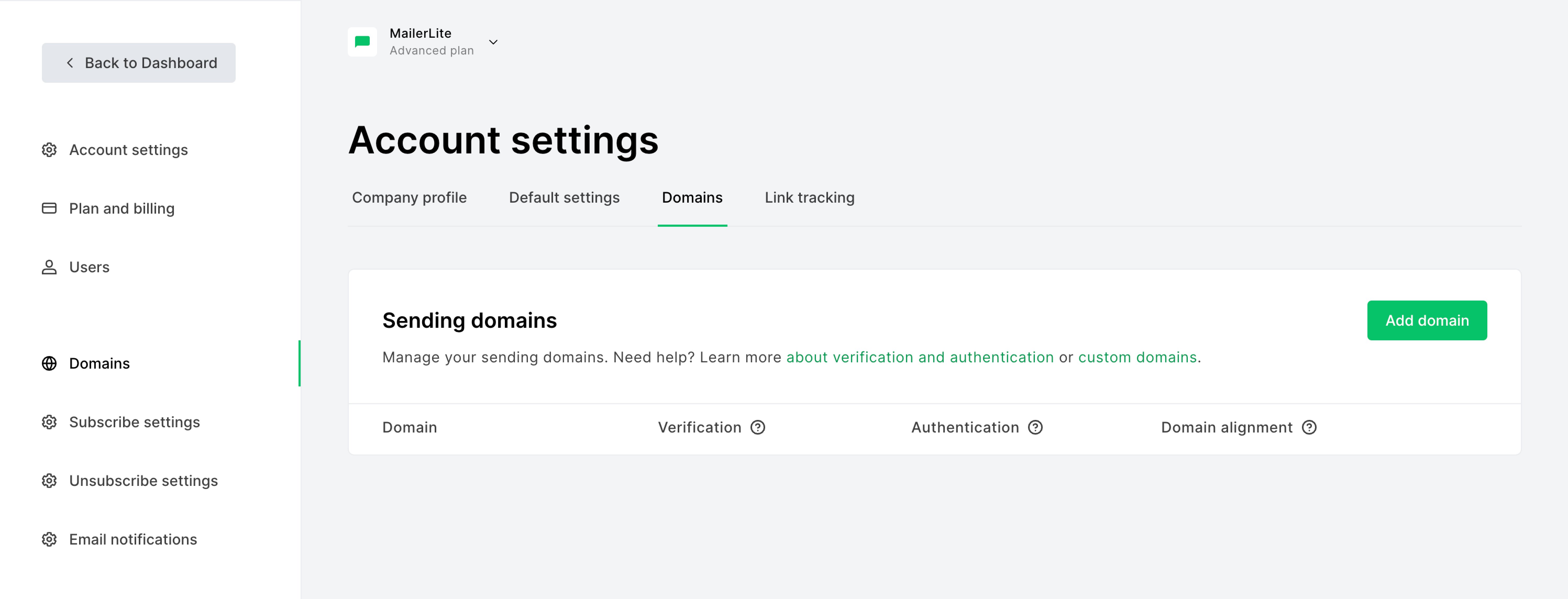 MailerLite's account settings for email domain authentication