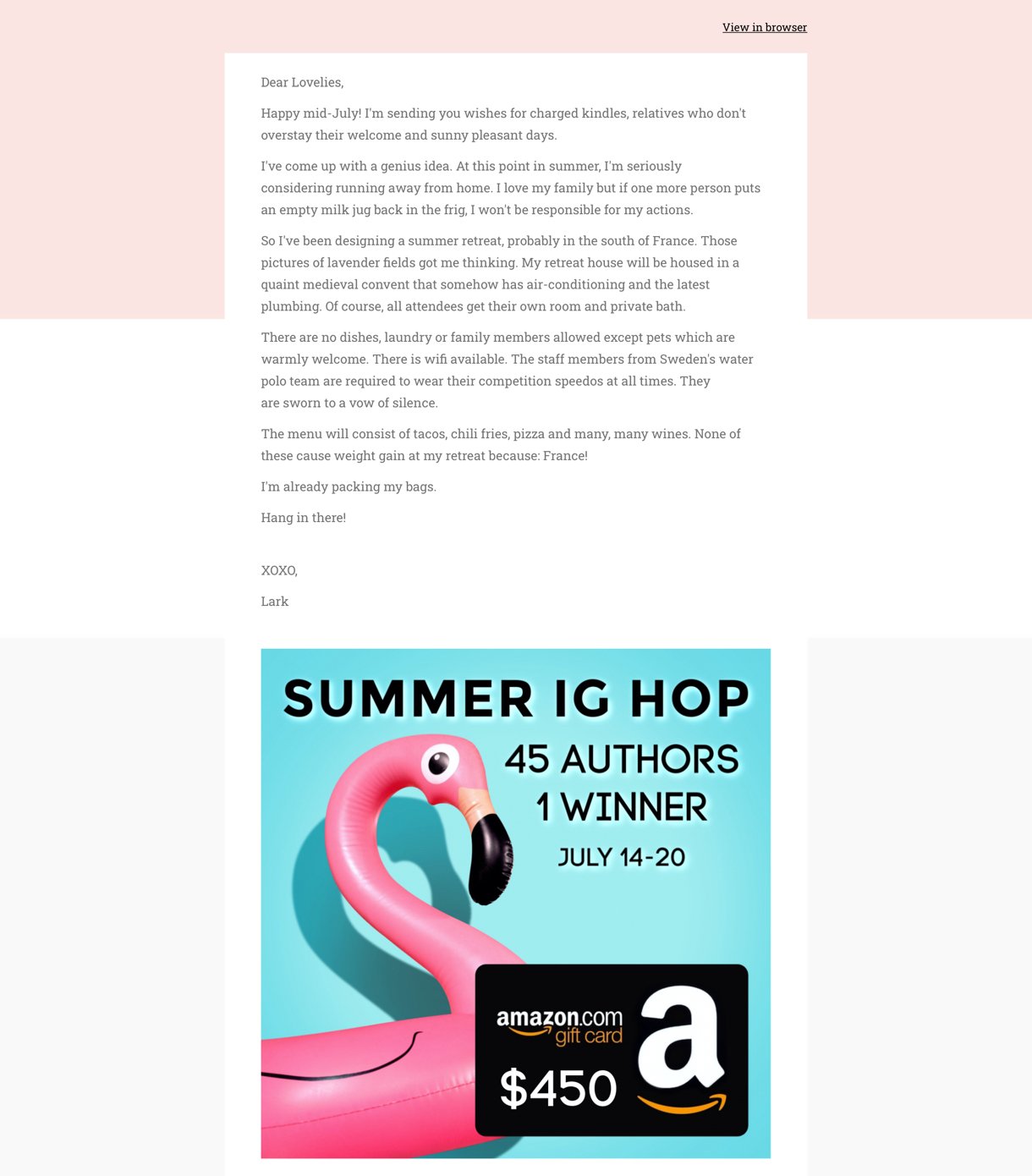 Lark Avery background in email newsletter example rose and white - MailerLite