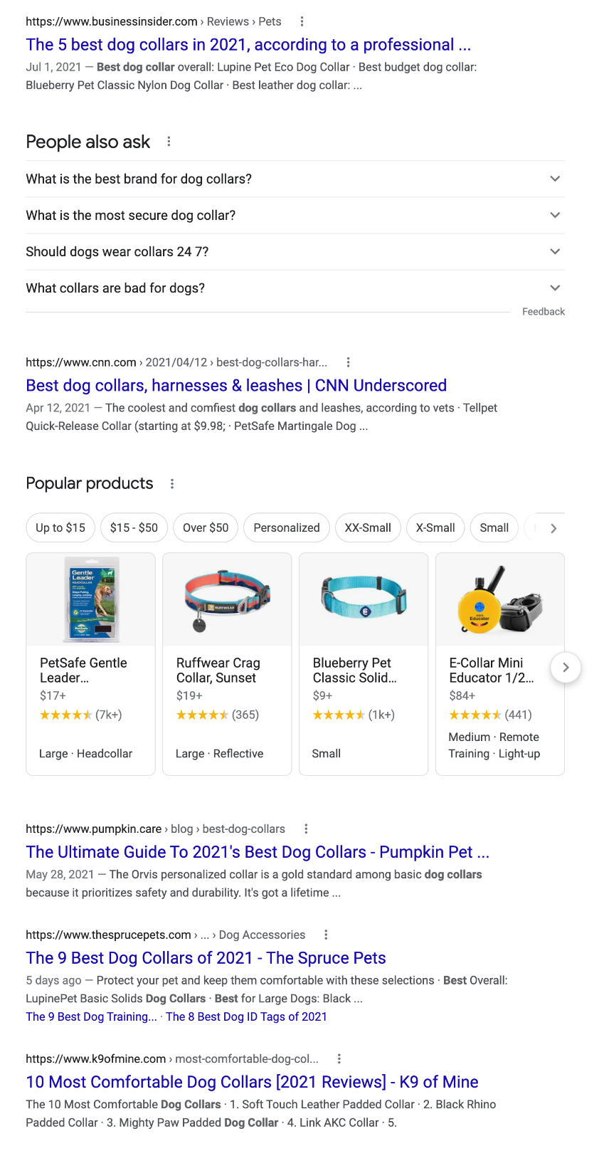search engine result page example best dog collars