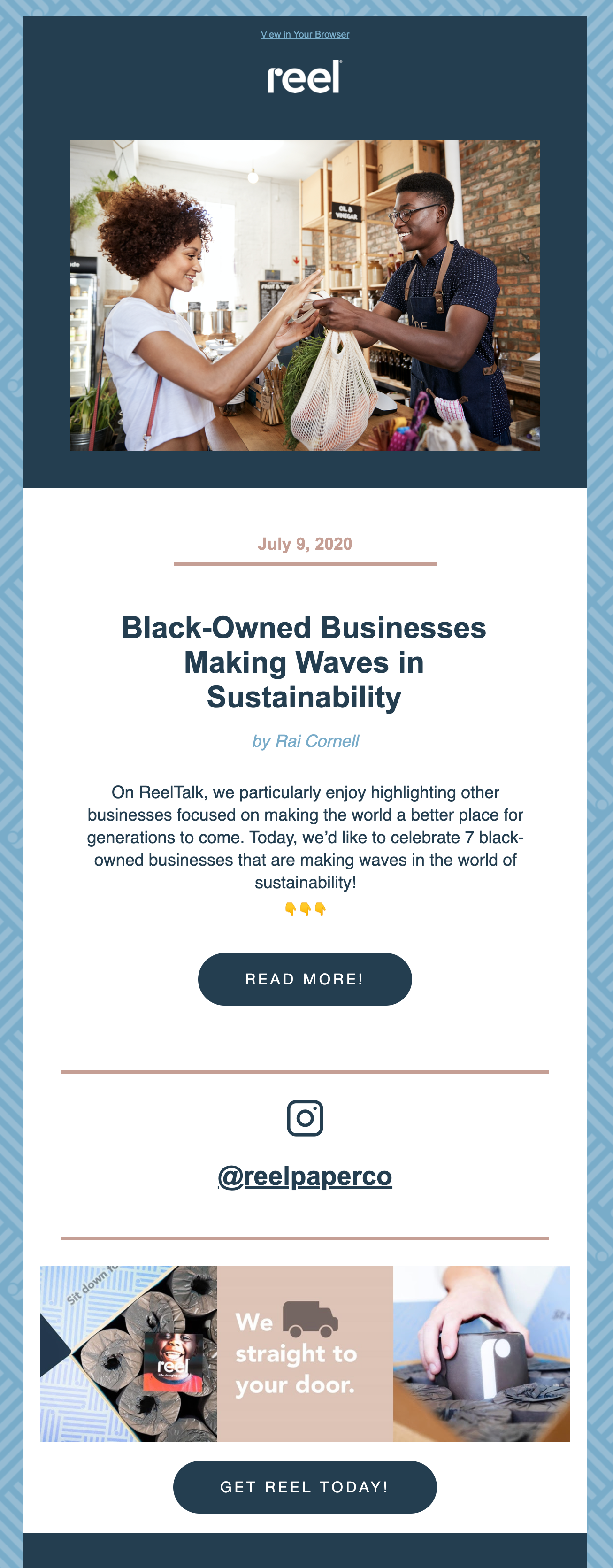 Email campaign from Reel Paper Co. highlighting 7 sustainable Black-owned businesses.