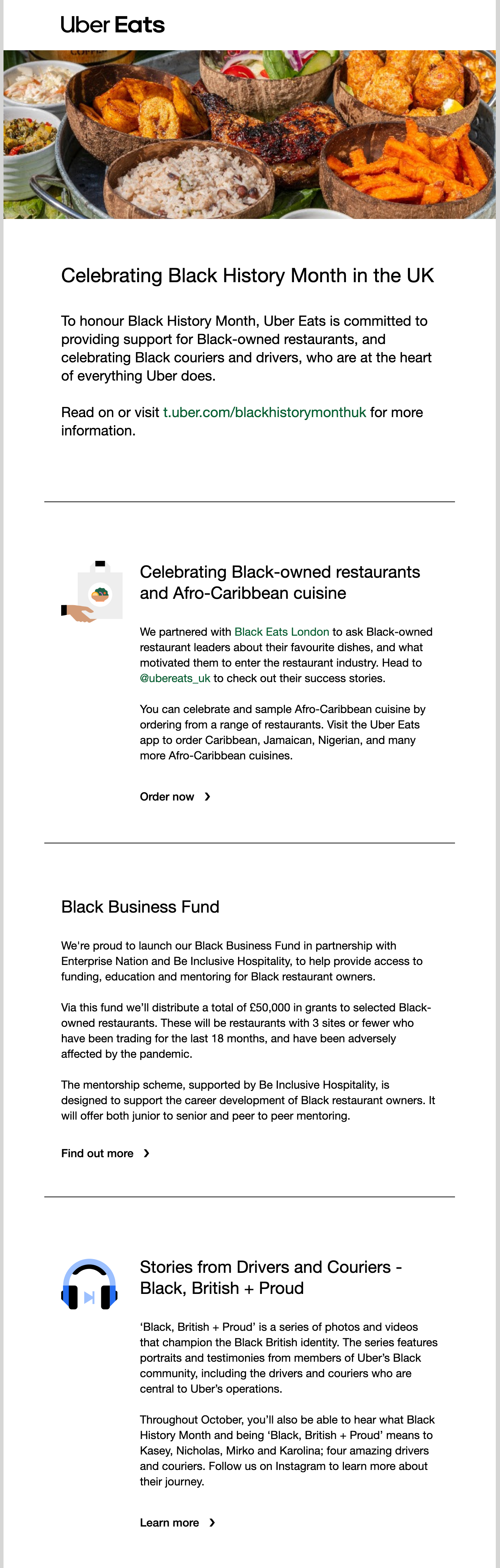 Black History Month newsletter example from Uber Eats
