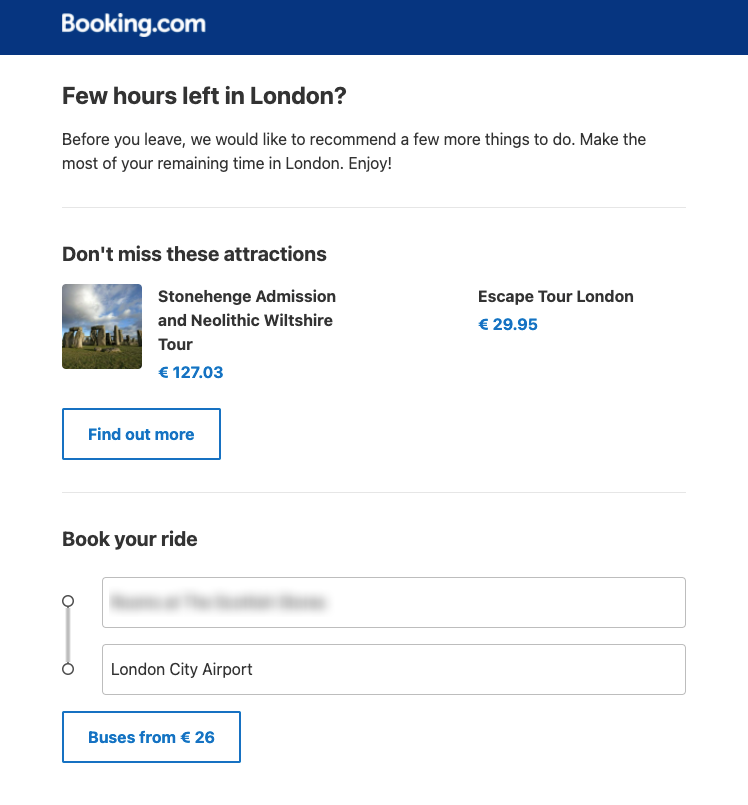 Booking.com travel email newsletter with recommendations
