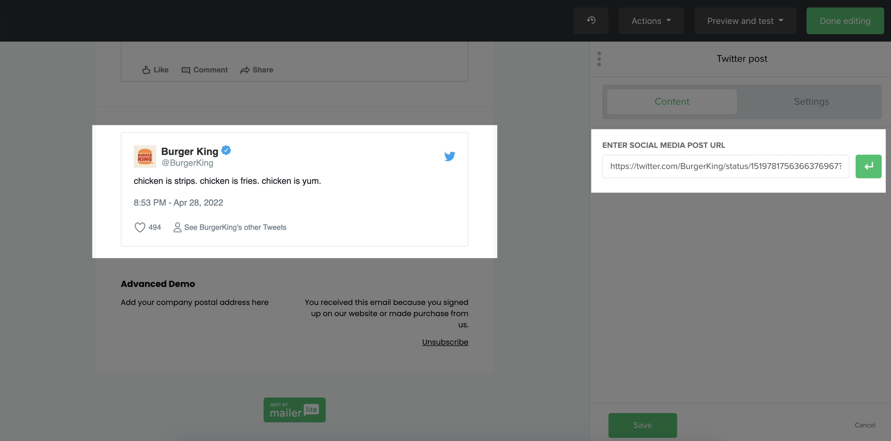 Where to paste Twitter post URL in MailerLite's drag and drop builder