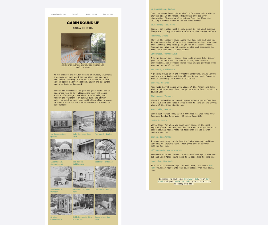 Winter newsletter example from Everyday oil with black and white images of various east coast saunas