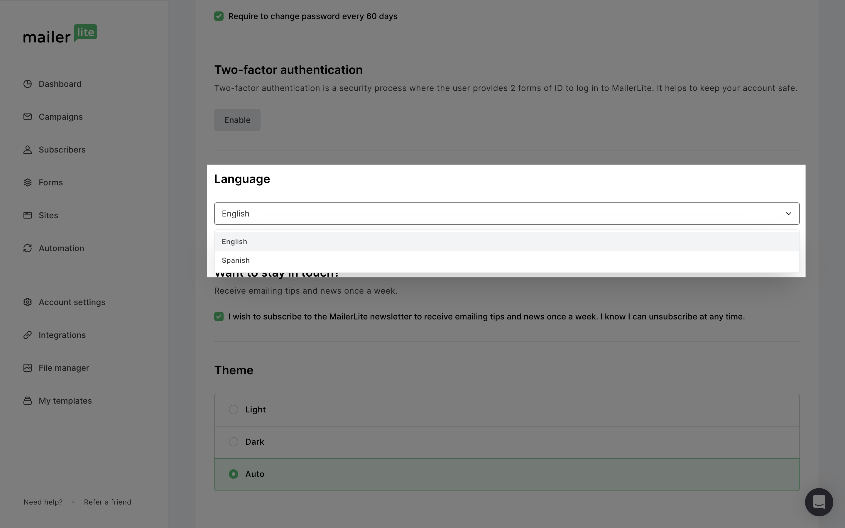Configuración del idioma en MailerLite