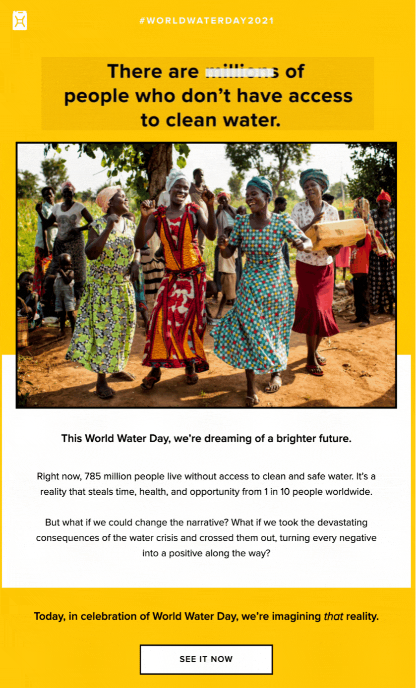 Charity Water GIF email example yellow background