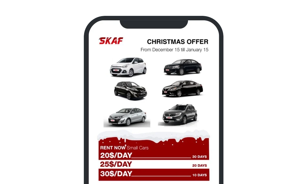 SKAF Christmas newsletter example cars offers white background