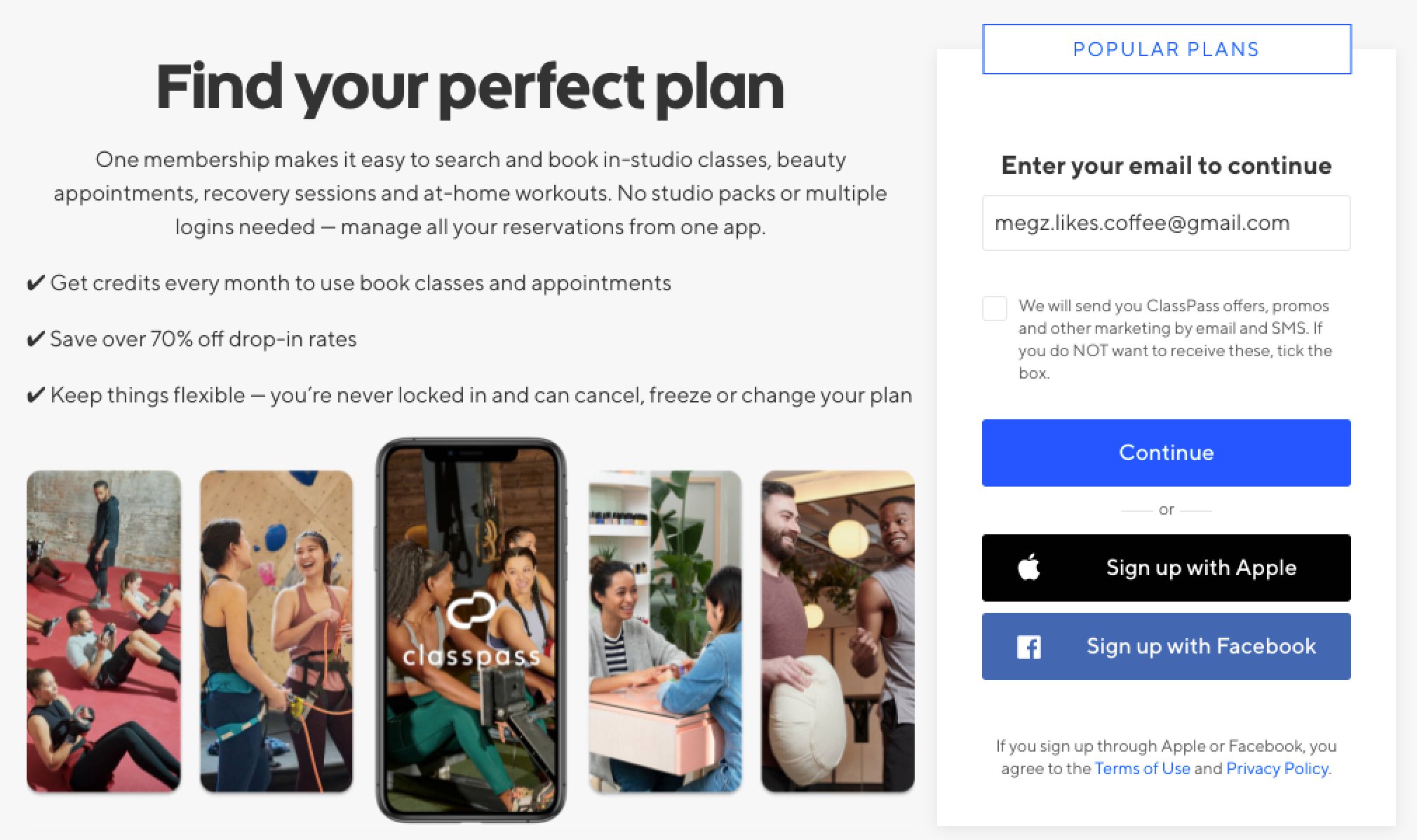 ClassPass opt in form example find your perfect plan campaign