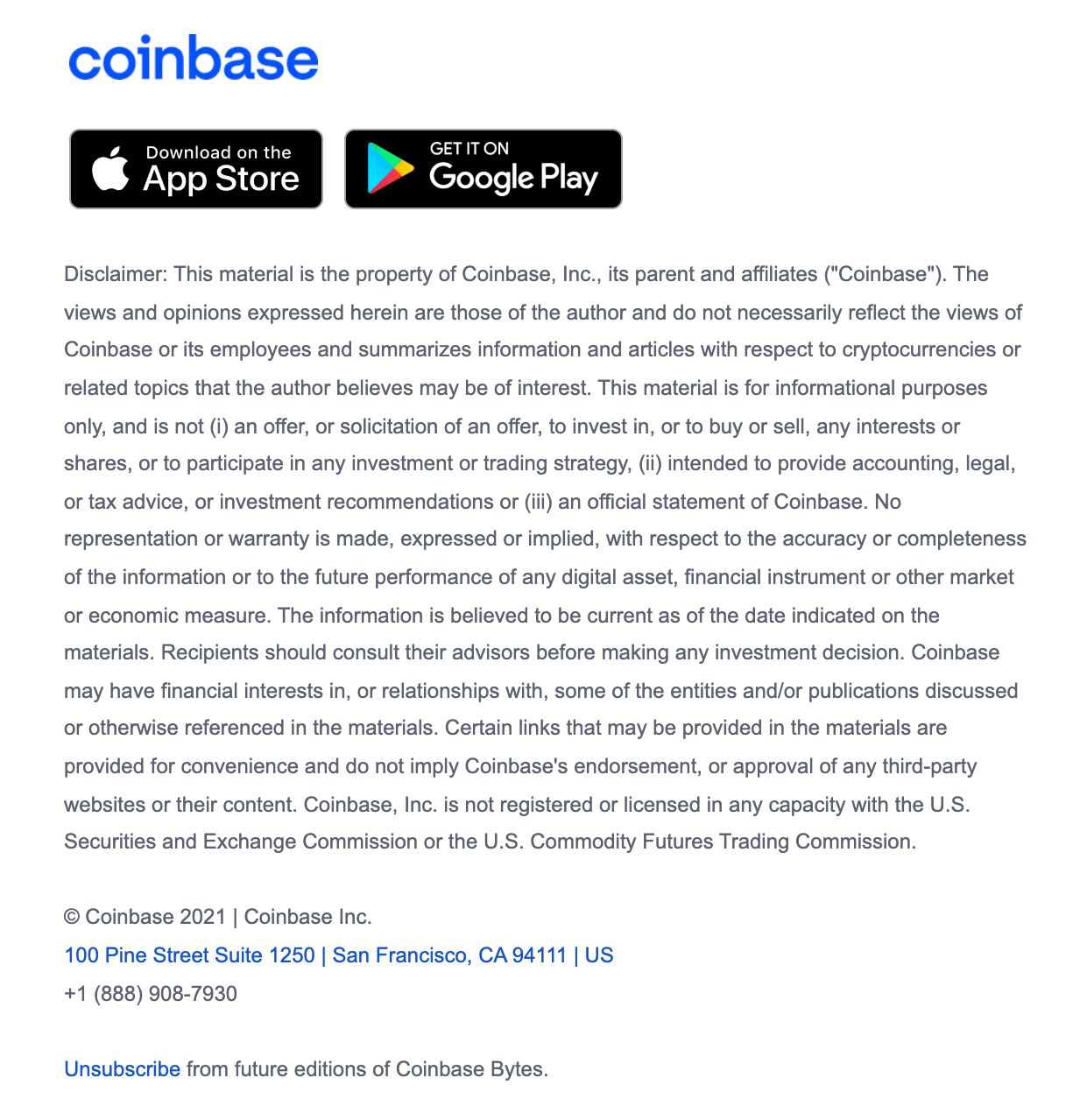 coinbase legal disclaimed from email footer