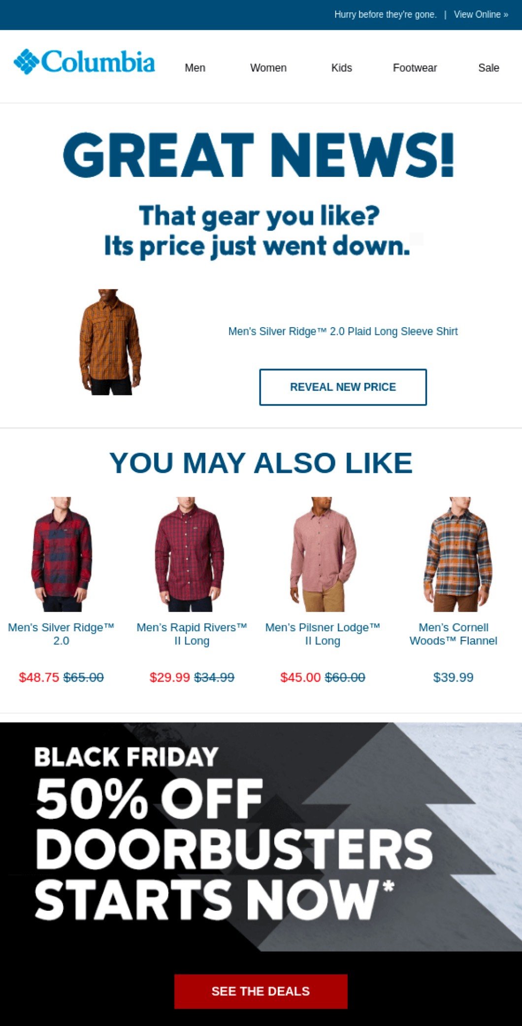 Columbia Black Friday email example clothes