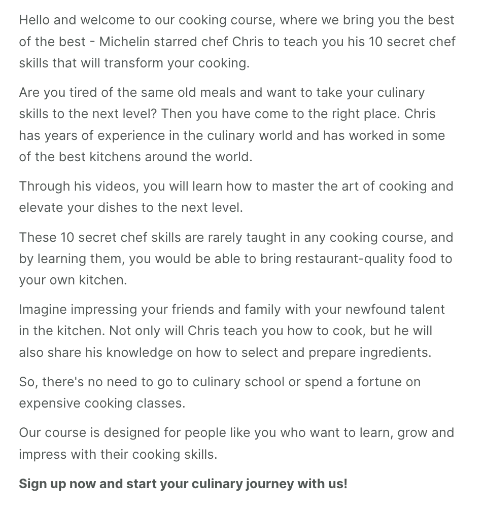 Cooking course welcome email generated by MailerLite's AI