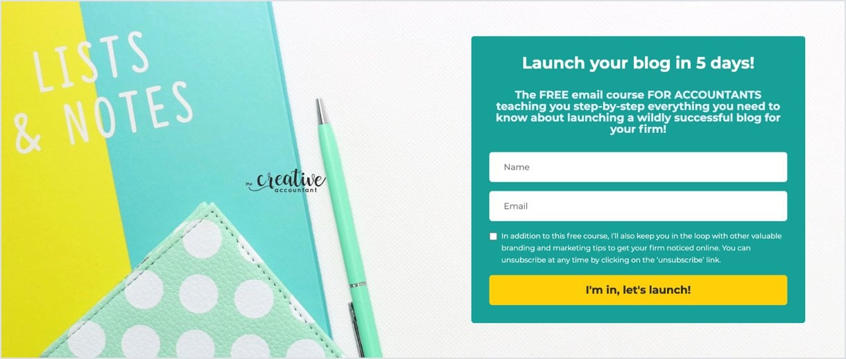 Landing page for The Creative Accountant green sign up form yellow cta button