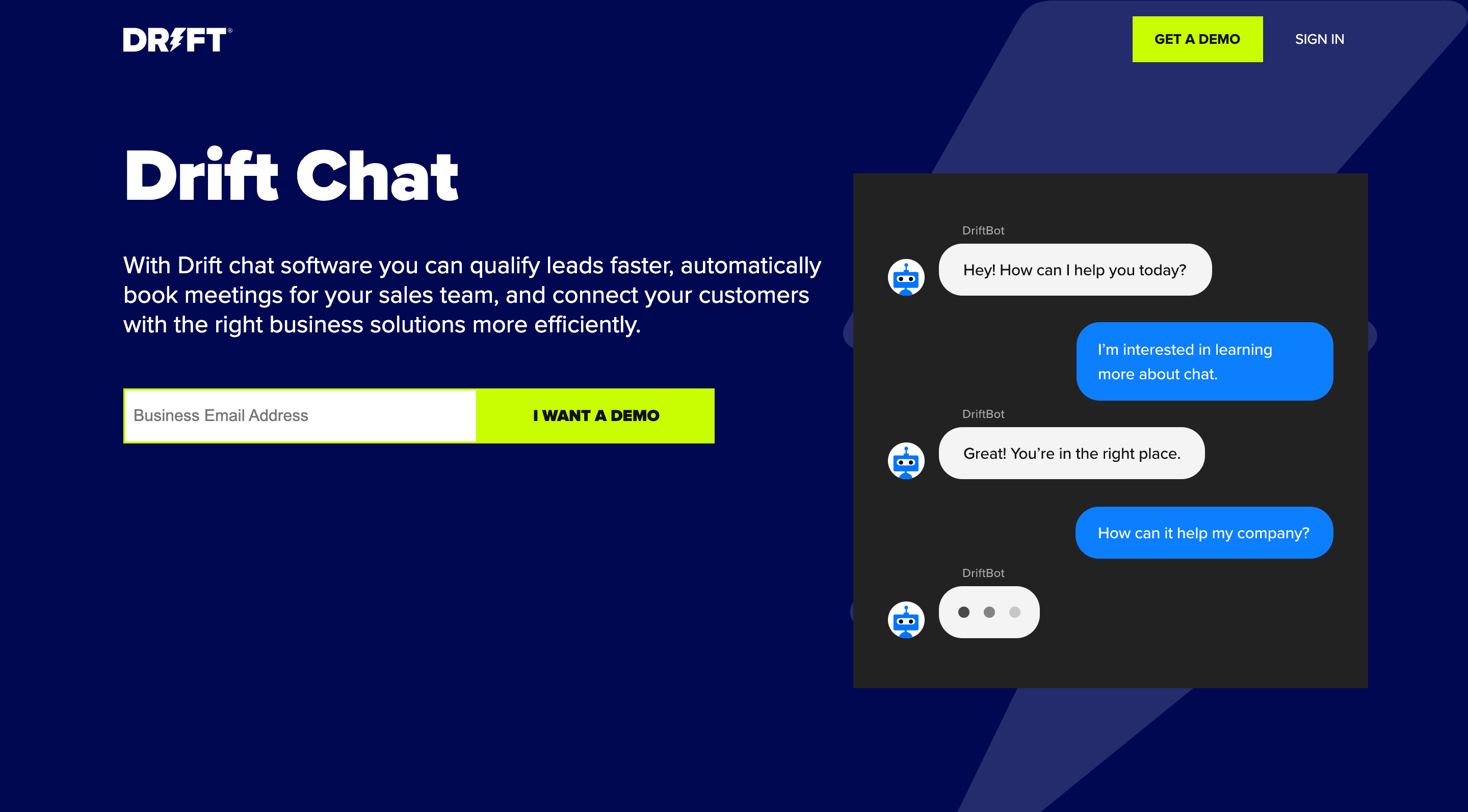 Drift squeeze landing page with dark blue background and bright green CTA