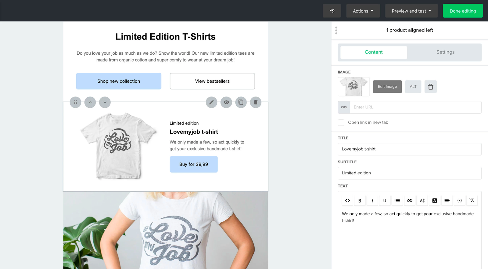 Screenshot of the MailerLite drag and drop editor containing a newsletter with a product block selling T-shirts