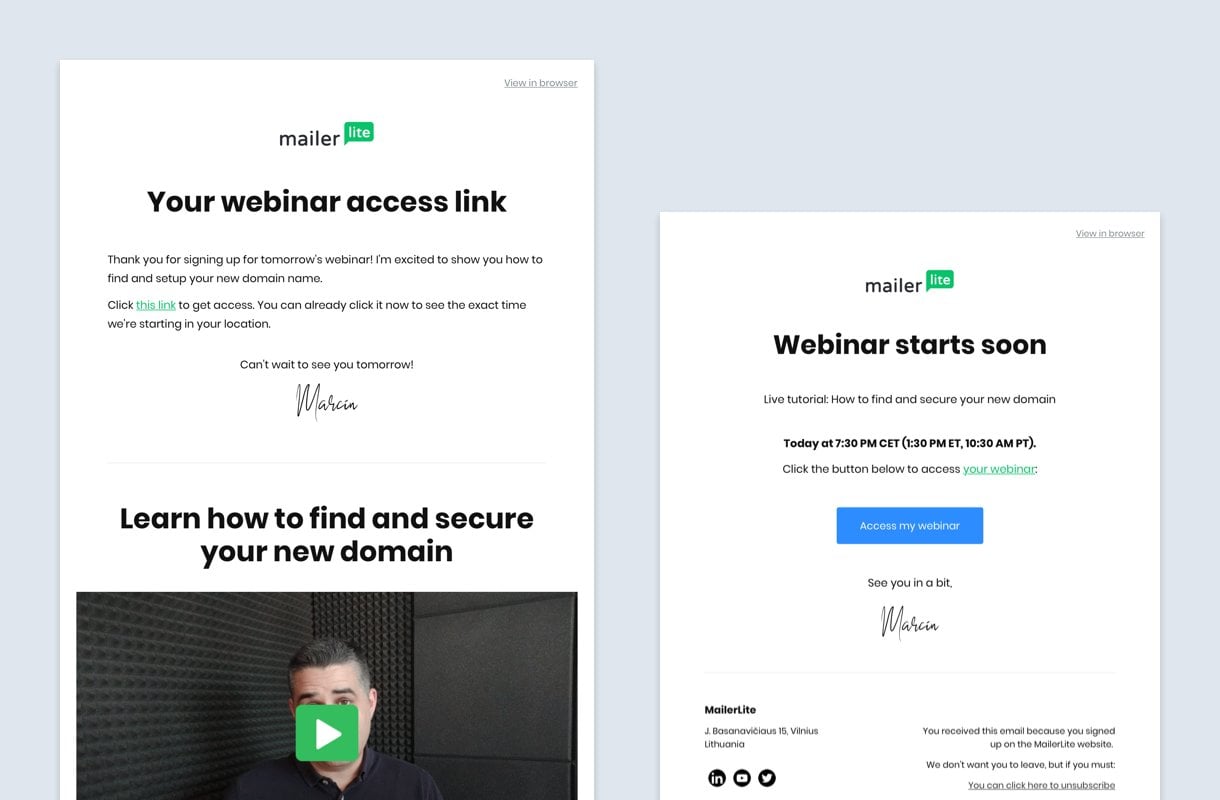 MailerLite webinar reminder newsletter examples minimalist white and green
