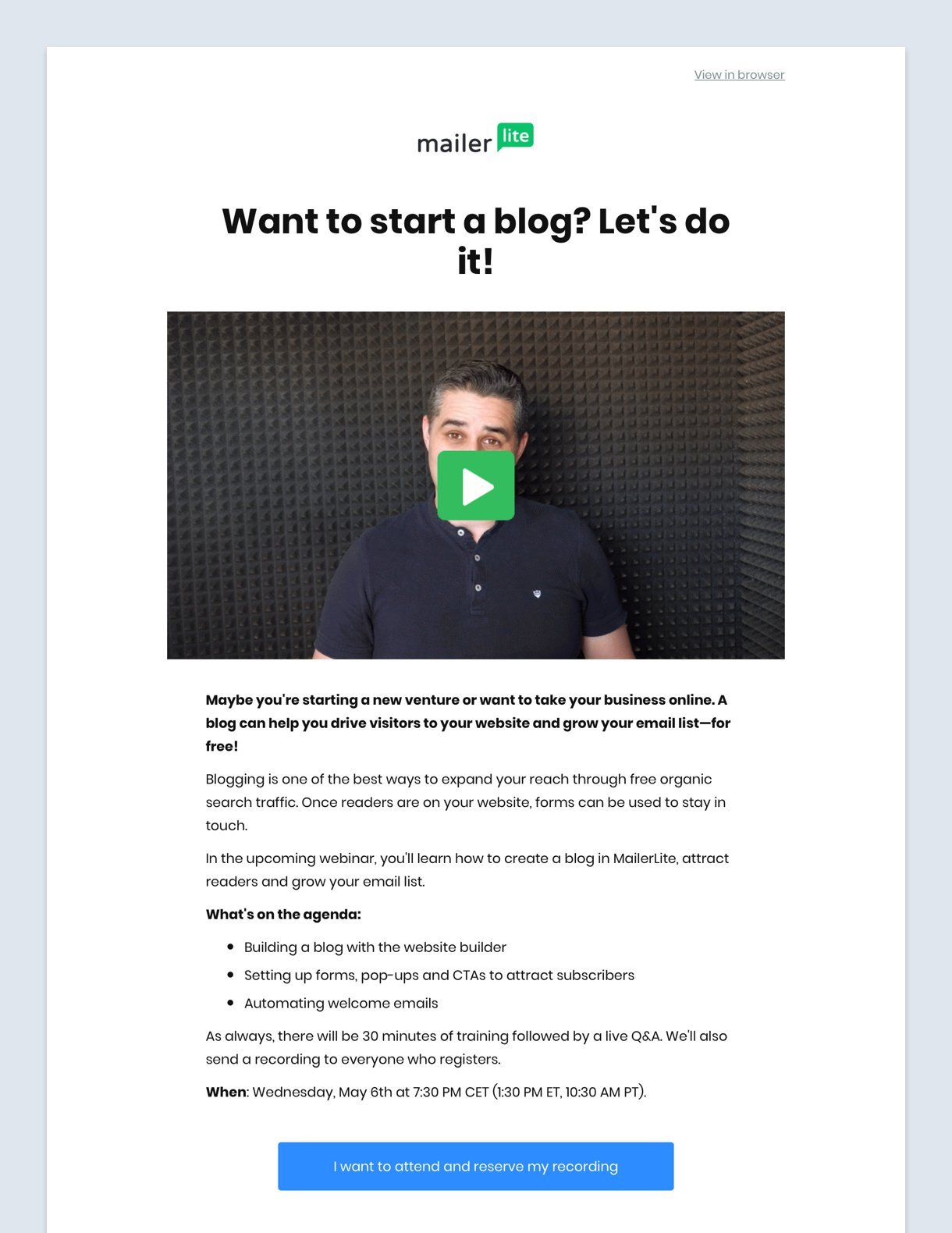 Webinar promotion newsletter MailerLite blue button minimal white background teaser video