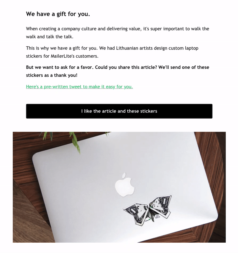 Email with a gift for you and stickers on laptop - mailerlite
