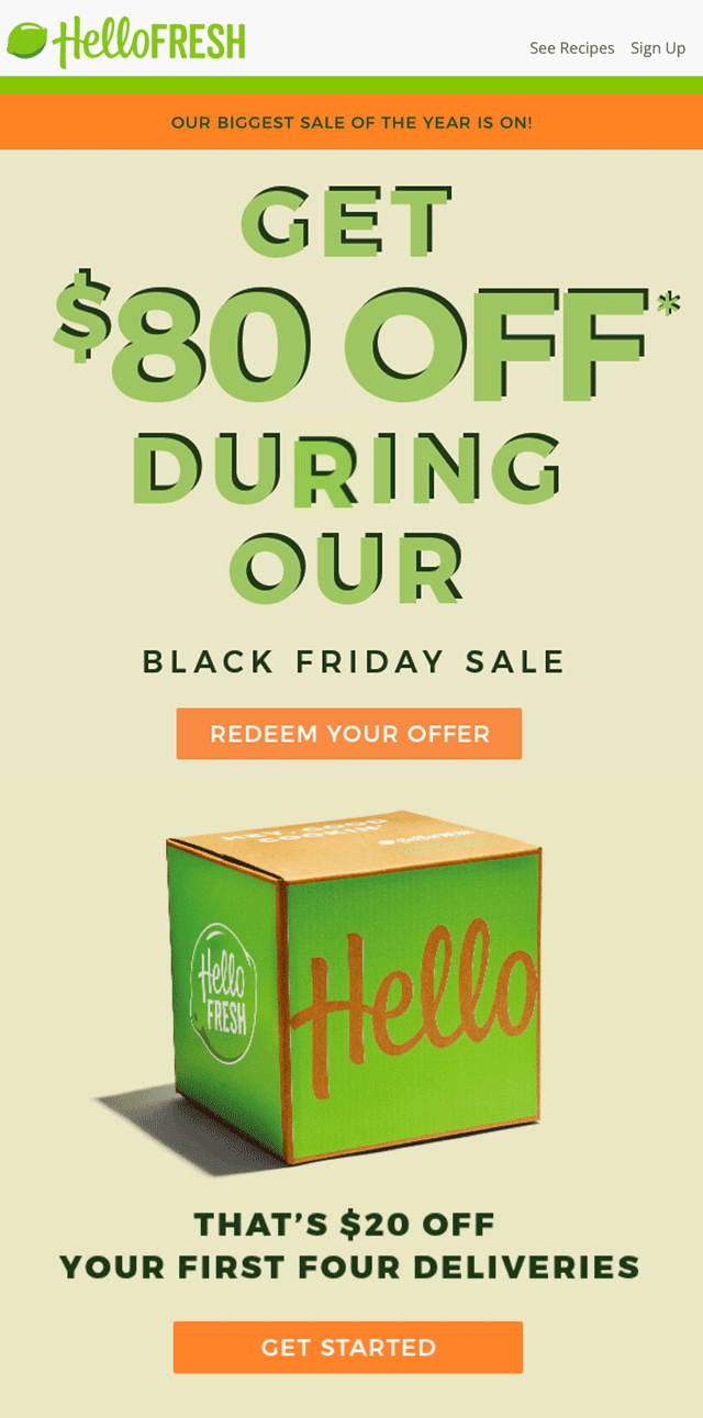 Hello Fresh Black Friday email example animated green