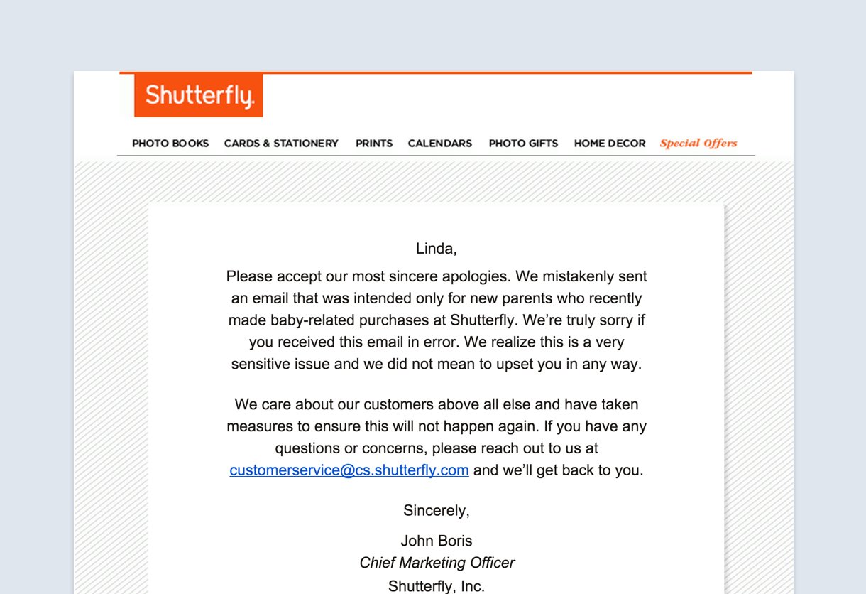 email marketing mistakes - apology after sending to wrong recipient shutterfly