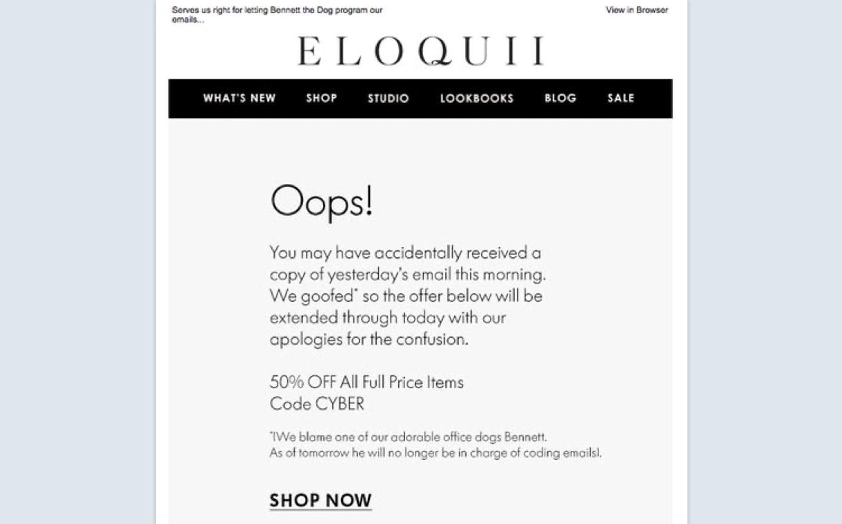 email marketing mistakes - coupon in apology email example from eloquii