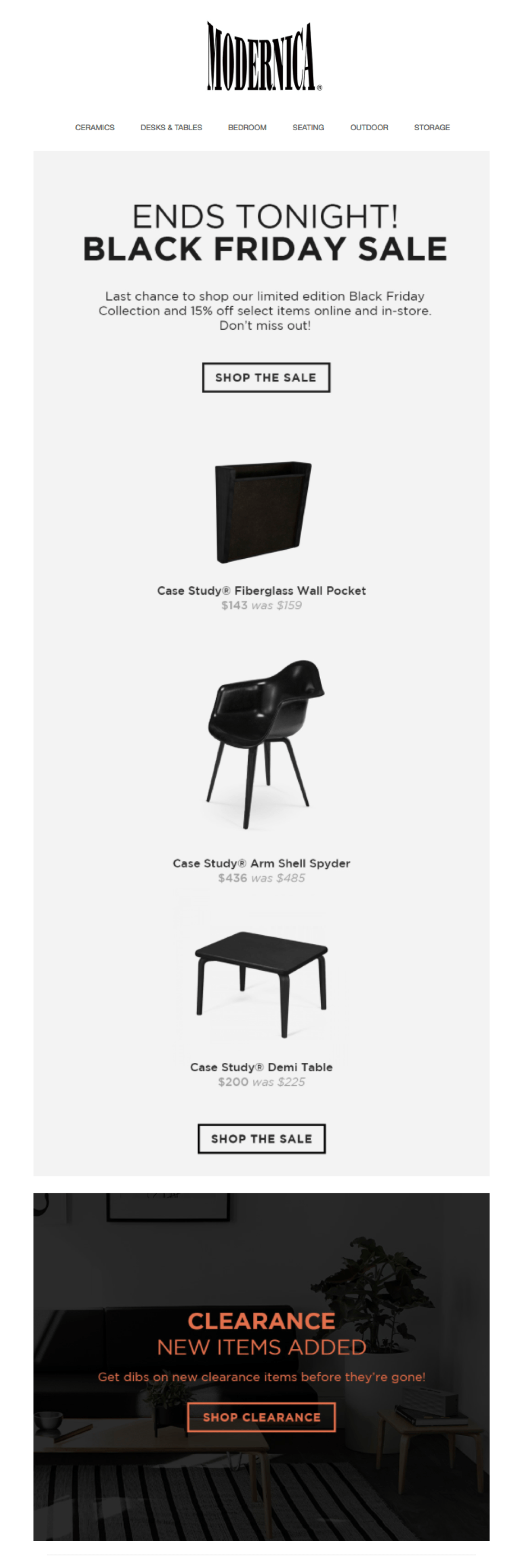Modernica Black Friday email example black and white
