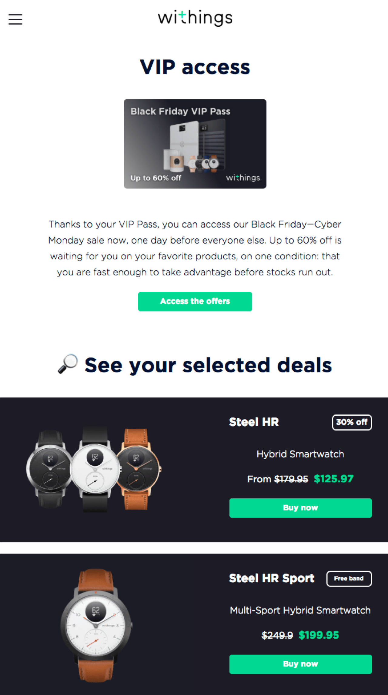 Withings Black Friday email example VIP access deals