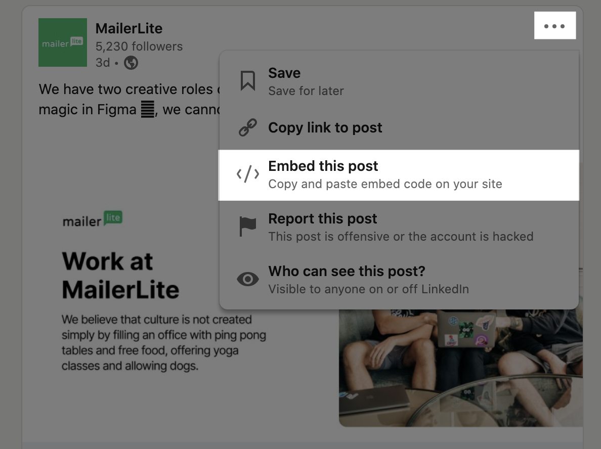 Embedding a LinkedIn post, where to find embed code of your Linkedin post